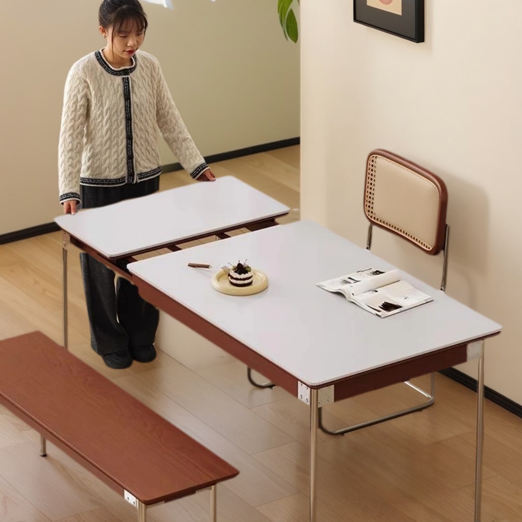 岩板餐桌家用包豪斯实木可伸缩折叠饭桌小户型复古原木餐桌椅组合