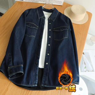 深蓝色加绒加厚牛仔衬衫女款冬季小个子复古叠穿内搭开衫衬衣上衣