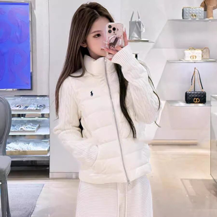 白色针织拼接棉服女修身保暖白鸭绒小个子短款冬天轻薄棉衣外套