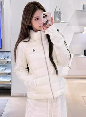 白色针织拼接棉服女修身保暖白鸭绒小个子短款冬天轻薄棉衣外套