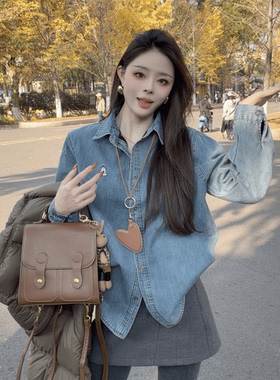 韩版设计感小狗刺绣加绒牛仔衬衫女冬季2026新款打底衫叠穿外套潮