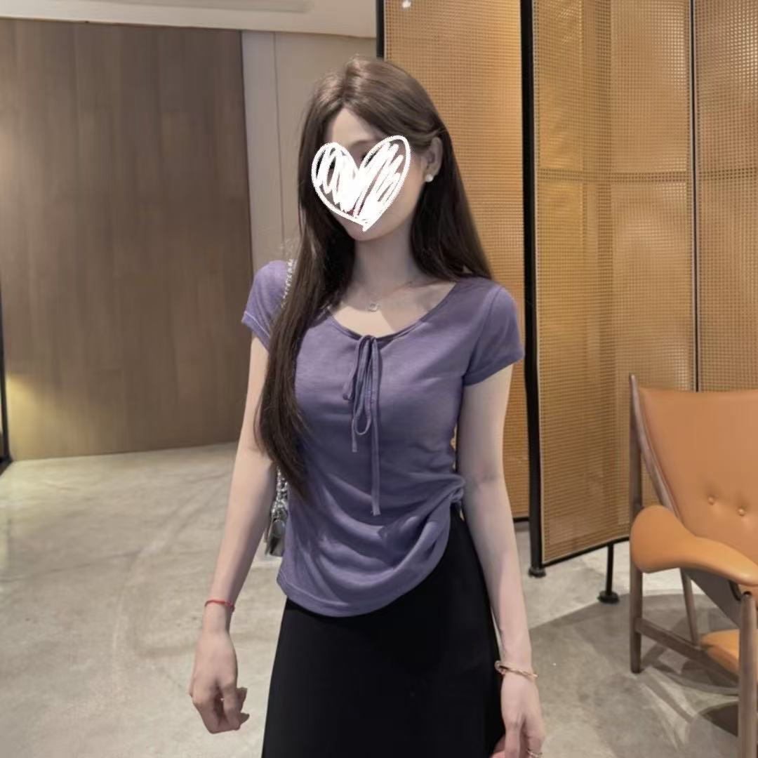 法式系带短袖T恤女夏季纯欲风辣卫衣/绒衫