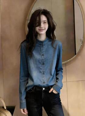 港风复古蓝色牛仔衬衫女初秋季新款韩版洋气宽松百搭通勤长袖衬衣
