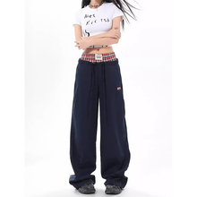 美式复古双腰头格子拼接假两件休闲裤女2025夏季新款运动工装裤潮