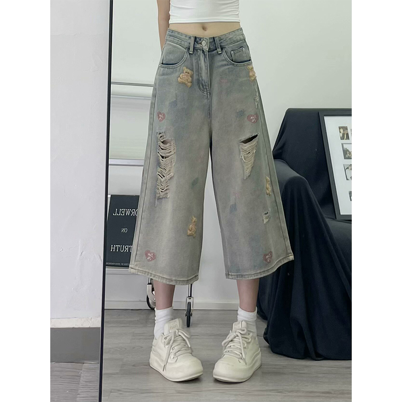 超好看破洞牛仔裤女夏季新款2025hiphop小熊刺绣宽松超火七分裤潮
