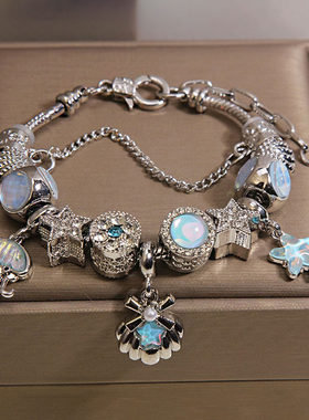 小众轻奢蓝色琉璃珠海洋主题吊坠手链精致设计感潘家风格复古手串