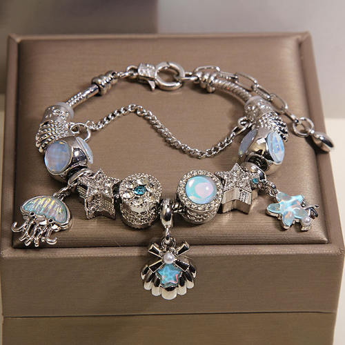 小众轻奢蓝色琉璃珠海洋主题吊坠手链精致设计感潘家风格复古手串