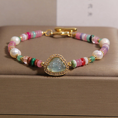 彩色碧玺算盘珠串珠手链女款新中式天然珍珠蓝水佛公招财转运手串