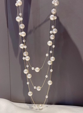 珍珠毛衣链女长款配饰气质满天星设计感多层旗袍2025年新款项链