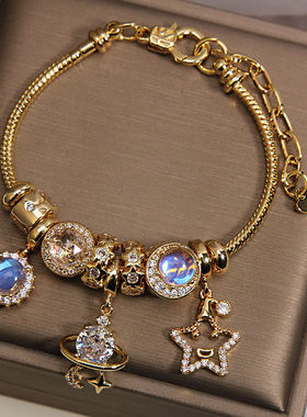 星空蓝钻潘家风格手链女鎏金星月串珠小众轻奢高级感手串手饰礼物