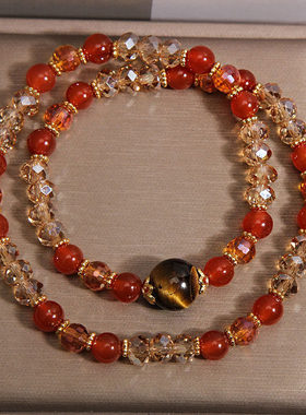 天然虎眼石红玛瑙双圈手链女复古港风轻奢小众高级感水晶叠戴手串