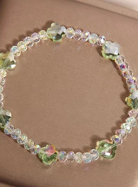 新款小清新白色水晶手链女夏轻奢小众百搭精致绿色四叶草水晶手串