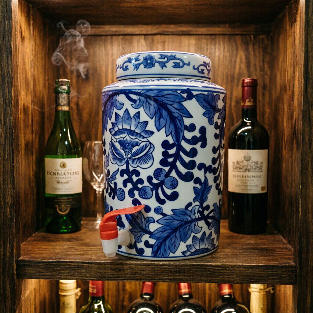 手彩手绘青花瓷储物罐家用大容量陶瓷酒罐子带龙头酒缸泡酒瓶6升