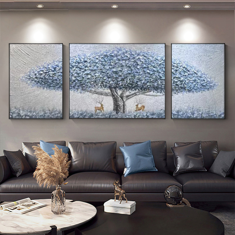 手绘油画发财树沙发背景墙装饰画简约现代横版挂画北欧立体肌理画图片