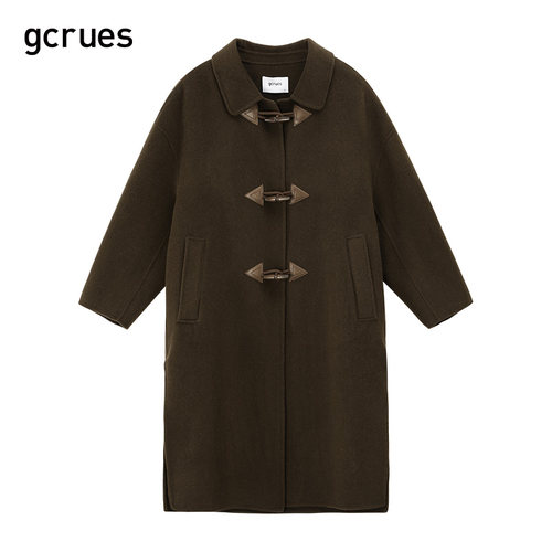 gcrues双面呢外套女春秋2024新款小个子牛角扣黑色羊毛大衣中长款