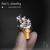 Ree原创 925银纯银镀金小熊冰激凌吊坠项链可爱动物系列 熊熊蛋筒