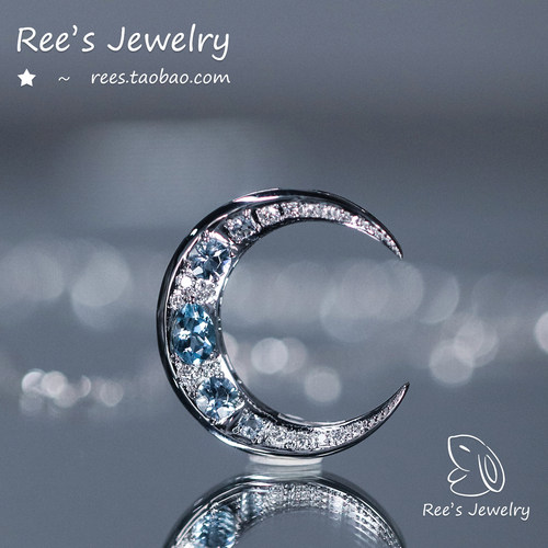 18k金6a海蓝宝月牙月亮吊坠项链