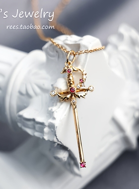 Ree原创 玫瑰誓约。复古欧式中世纪红宝石18k黄金钻石吊坠项链