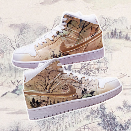 hp球鞋定制aj1mid国潮水墨画