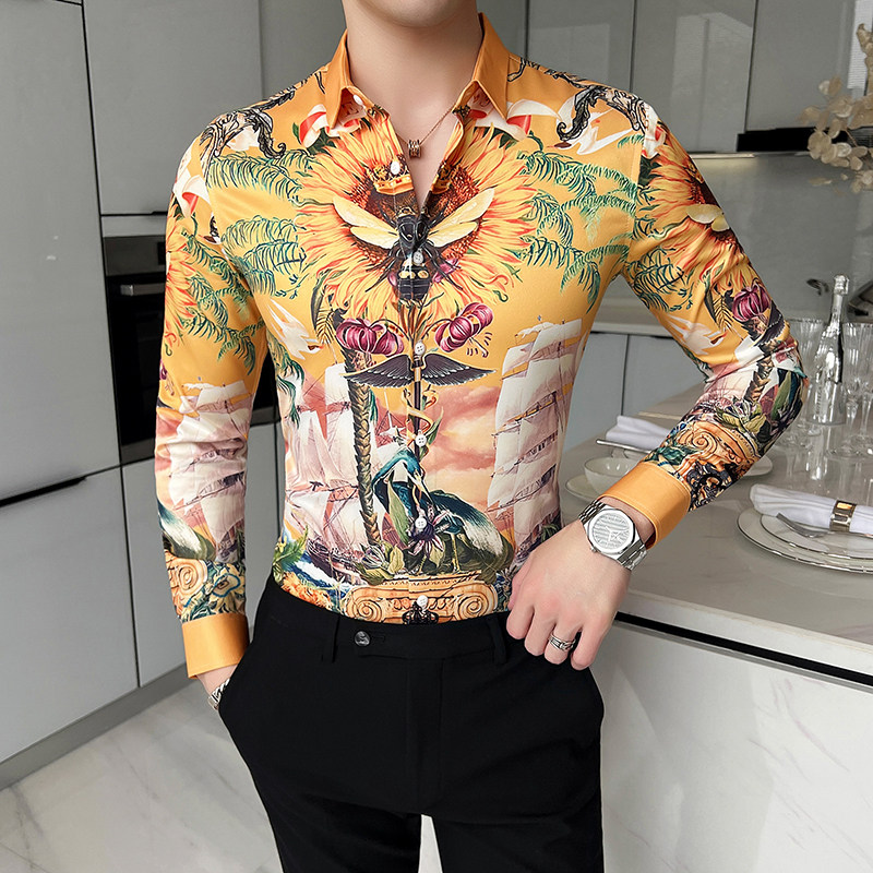 新款青年免烫尖领长袖衬衣男士休闲流行数码印花高级韩版衬衫2820