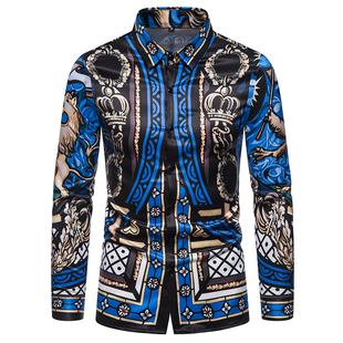 翻领衬衣男士 免烫帅气长袖 休闲修身 花衬衫 P55 秋季 2711 跨境新款