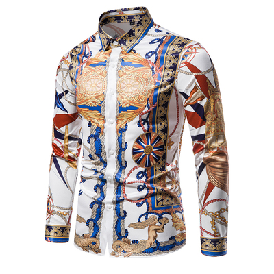 尖领长袖欧美风潮流图案男花衬衫