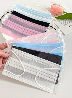 夏季薄款透气单层超薄一层二层黑色无纺布一次性口罩 男女50只装