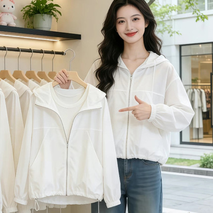 2026夏季防晒衣女轻薄透气宽松开衫外套户外休闲连帽白色防晒服女