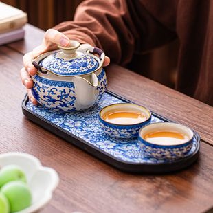 旅行功夫茶具小套装 便携式 青花汝窑手抓壶一壶三杯户外露营快客杯