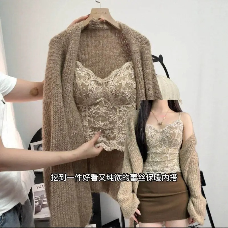 保暖+显胸大腰细!法式蕾丝吊带背心女带胸垫保暖内搭性感打底女