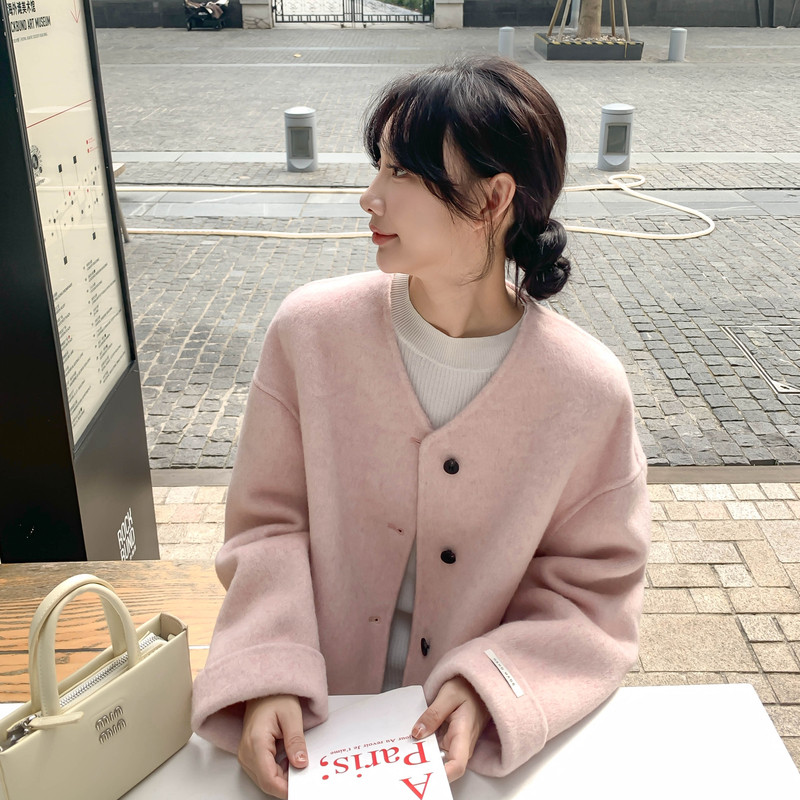 粉色简约双面呢羊毛大衣女秋冬新款今年流行小个子气质毛呢外套潮,女装毛呢外套,2B143