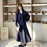 26新款藏青色格子裙两件套33005-P170-K278，女装套装/套裙，2B143