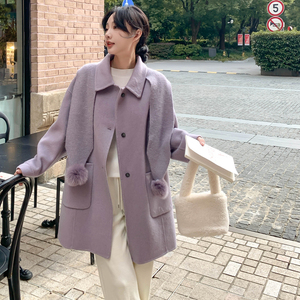紫色针织围巾连帽双面呢羊毛大衣女秋冬2025新款时髦流行爆款外套图片