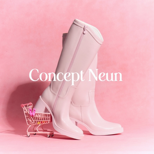 Concept Neun日系可爱厚底粗跟粉色及膝圆头靴女