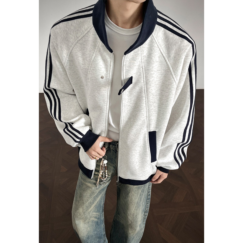 春秋男美式条纹三道杠运动棒球服