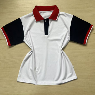 高中小学生班服夏季白色校服短袖藏蓝领袖口大红拼白条T恤Polo衫