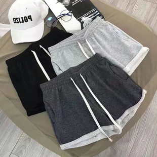 新款春夏秋黑色短裤女高腰翻边外穿运动裤纯色大码宽松休闲短裤棉