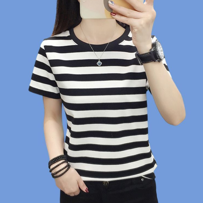 莫代尔棉上衣女2025夏季新款黑白横条纹圆领短袖宽松显瘦遮肉T恤