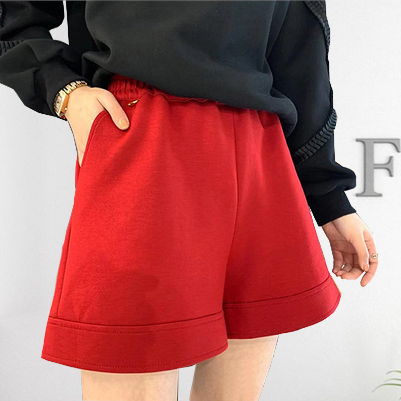 本命年红色女早春外穿阔腿短裤太空棉靴裤百搭宽松大码休闲加绒冬