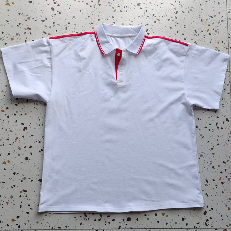 白色校服短袖白领大红条肩上两道亮大红杠男女通用班服POLO衫夏季