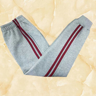 统一定制春秋校服裤 子 宽松浅灰拼两道酒红双杠收口束脚中小学生裤