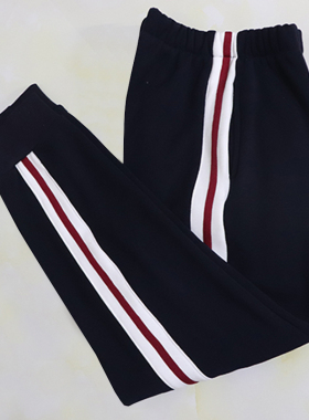 高中小学生校服裤子藏蓝色白宽杠上压一条酒红杠收口秋冬加绒加厚