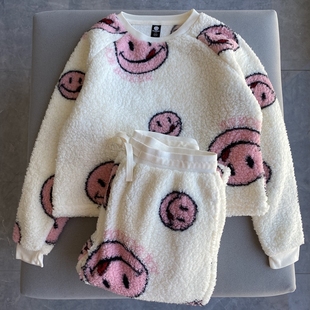 外贸单秋冬装新款女装女士羊羔绒长袖长裤子保暖柔睡衣家居服套装