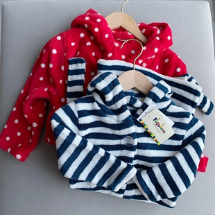 外贸单秋冬装男童女童新带帽子扣子珊瑚绒保暖儿童家居服睡袍浴袍