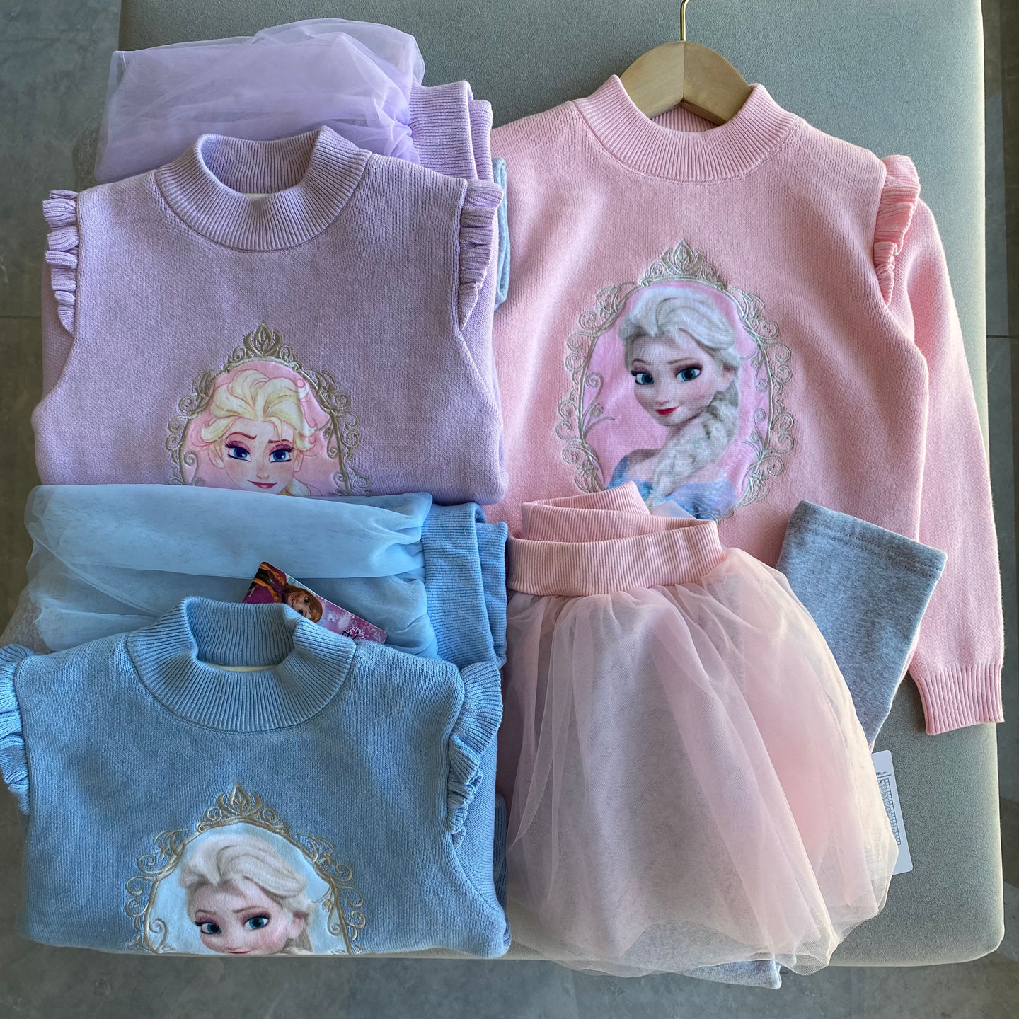 秋冬装迪*尼新款女童加绒保暖加厚毛衣纱裙打底裙裤儿童纯棉套装