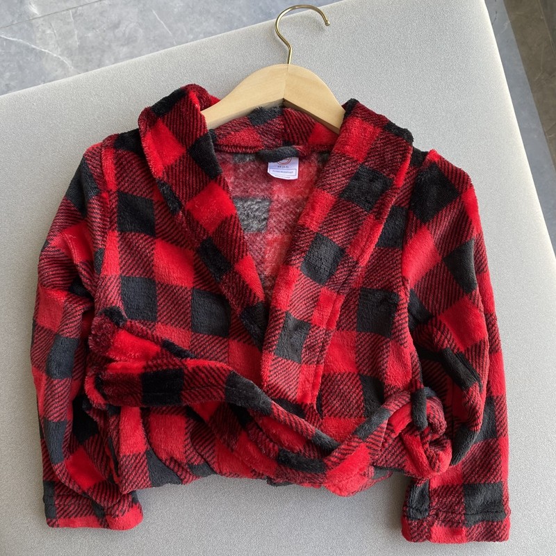 外贸单男童女童装珊瑚绒柔软保暖红色圣诞格子儿童家居服睡袍浴袍