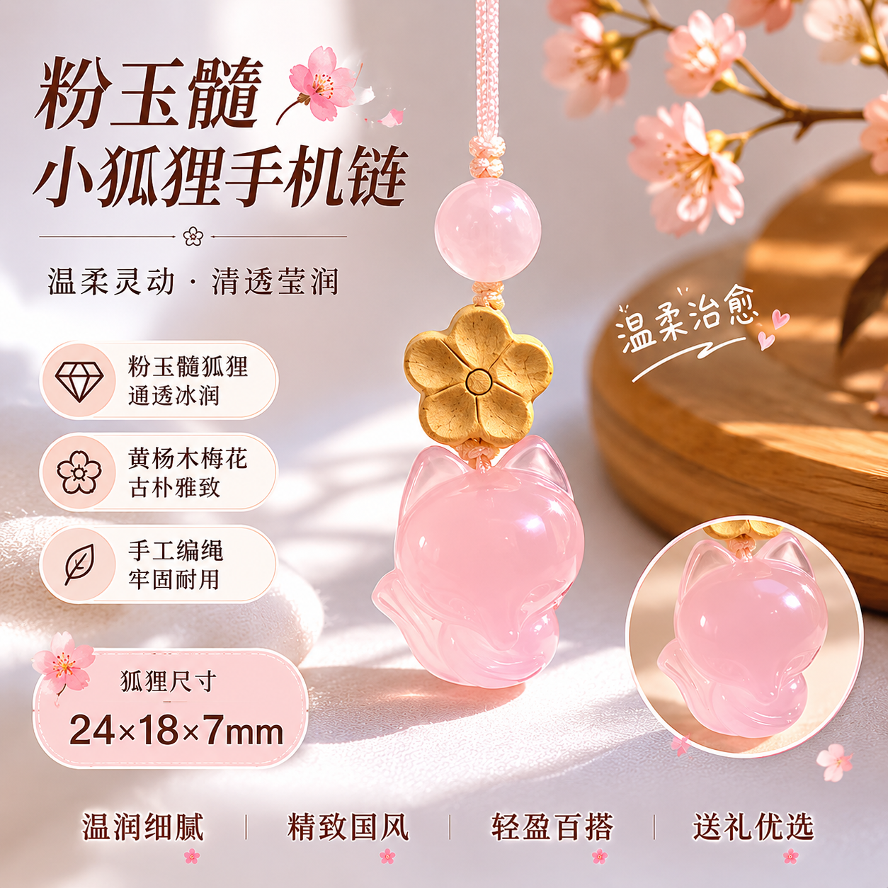 新中式粉玛瑙小狐狸黄杨木手机链