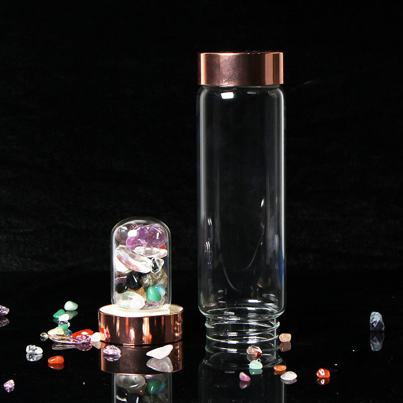 纯色玫瑰金天然水晶杯碎石透明高硼硅水晶玻璃杯圆形能水樽宝石量