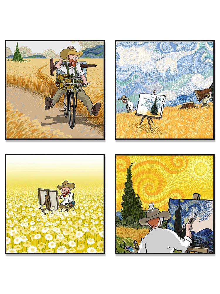 现代简约正方形梵高装饰画画心儿童搞笑油画布自粘画打印可定制