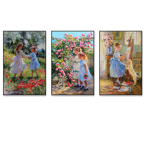 康斯坦丁·拉祖莫夫油画人物小女孩花卉花园风景装饰画油画布贴画